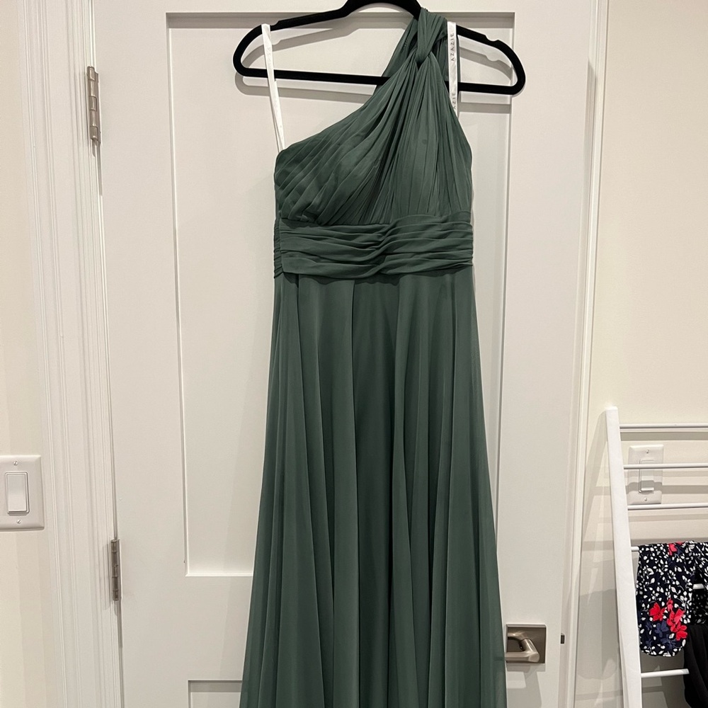 One shoulder dress in green. Purchased from Azazie
